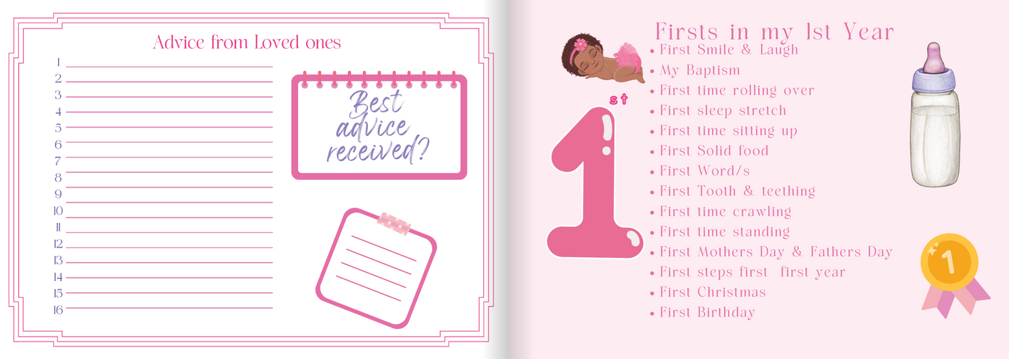 Pages from a baby journal with pink and white design