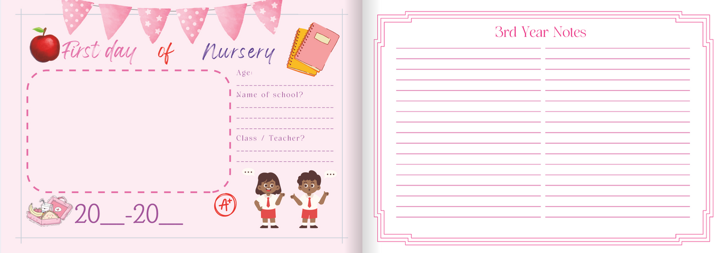 Children's memory book with pages for first day of nursery and third year notes.