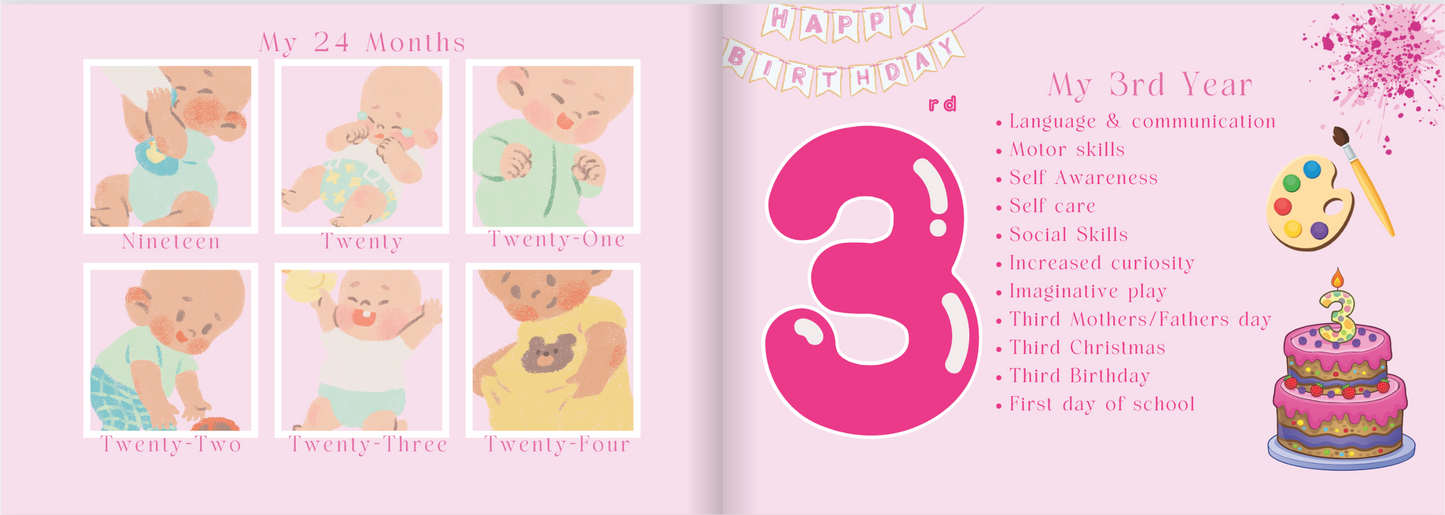 Children's milestone book with baby photos and birthday cake illustration.