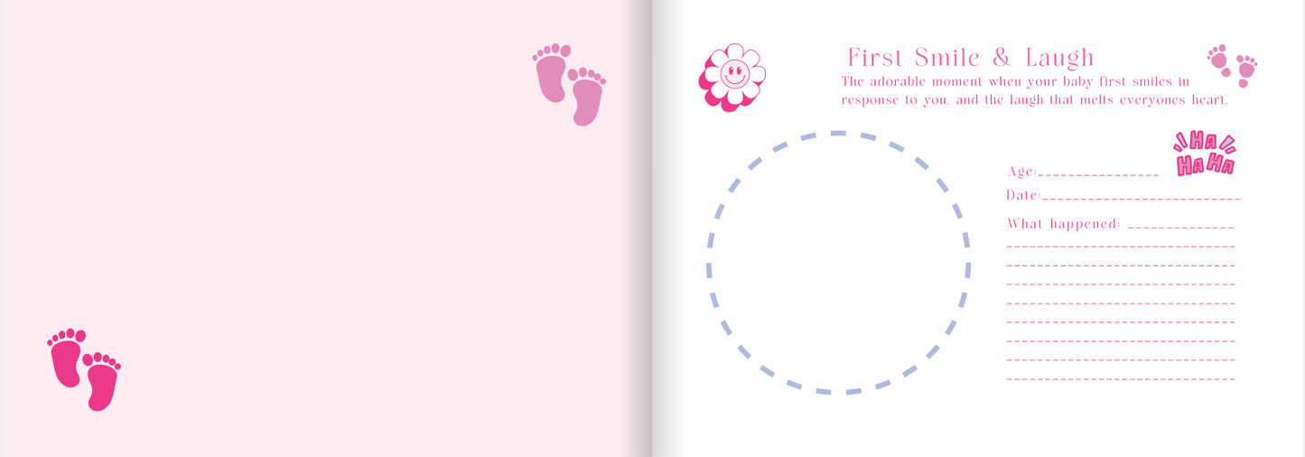 Page from a baby journal with pink footprints and text.