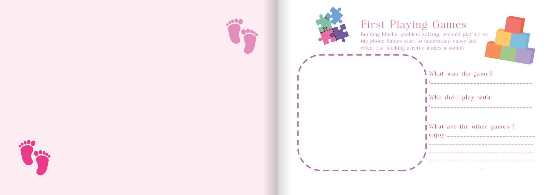 Children's activity book with a blank page and colorful blocks illustration.