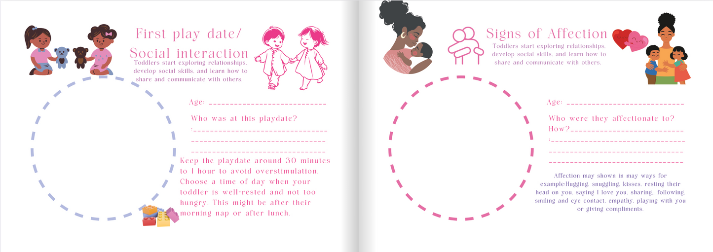 Children's book open to pages about play dates and social interaction.