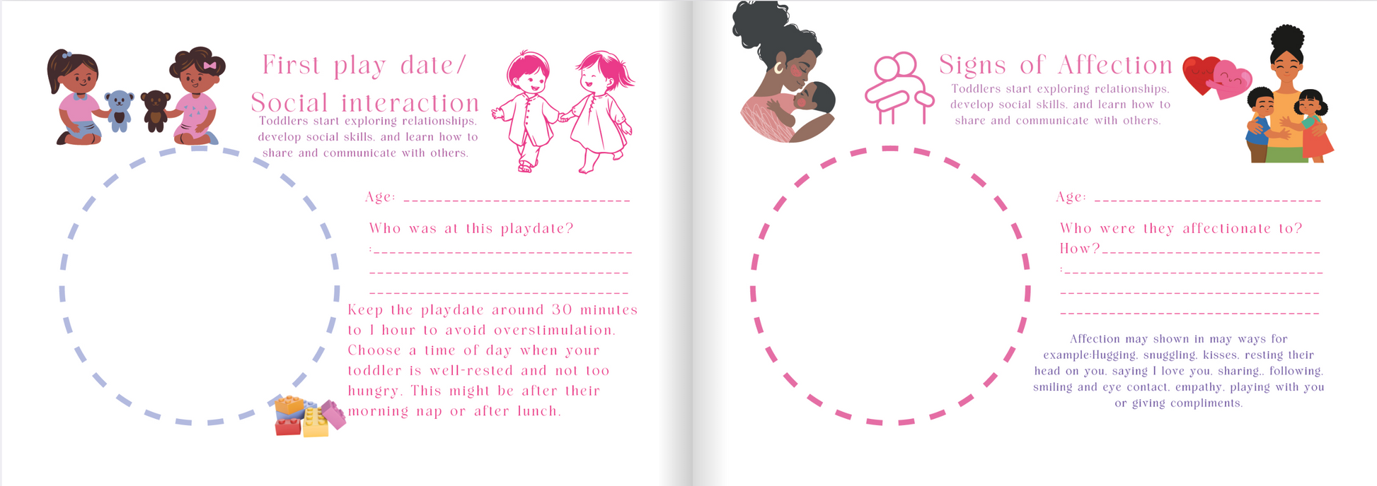 Children's book open to pages about play dates and social interaction.