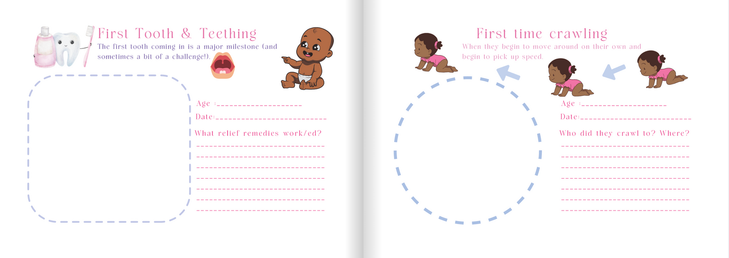 Children's book with baby milestone tracking pages.