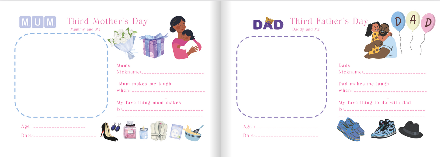 Book with Father's Day themed pages showing gifts and activities.