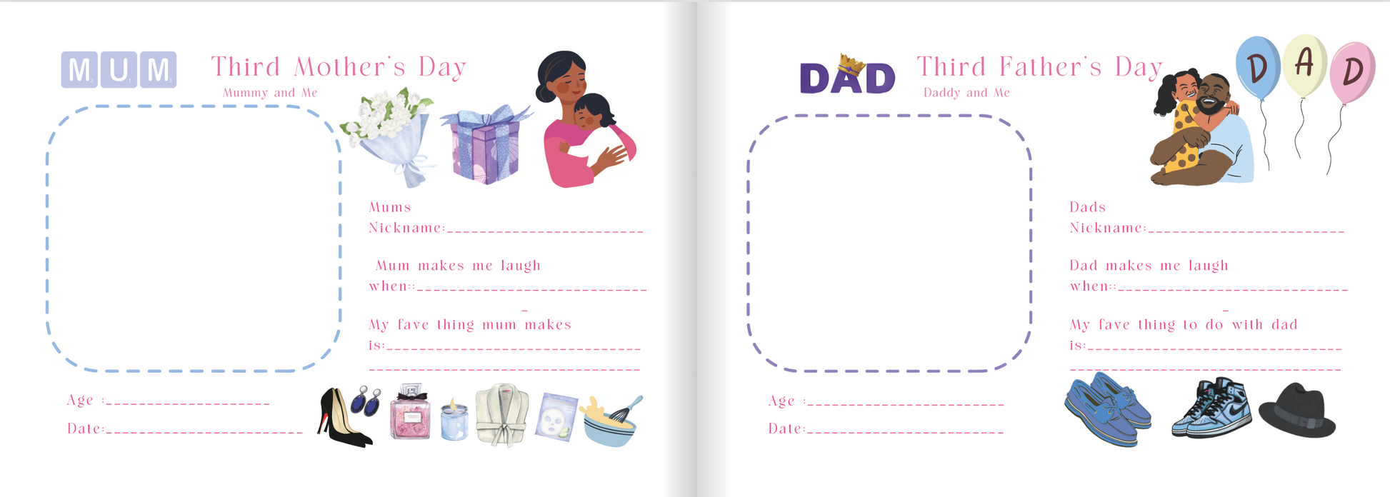 Book with Father's Day themed pages showing gifts and activities.