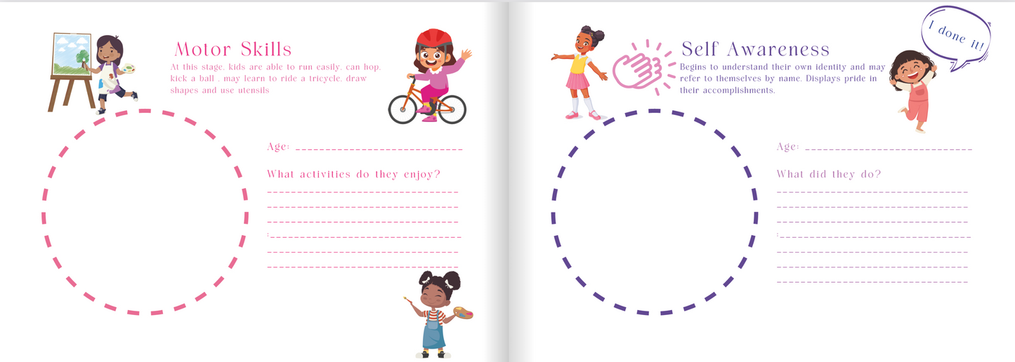 Educational book pages on motor skills and self-awareness with illustrations of children.