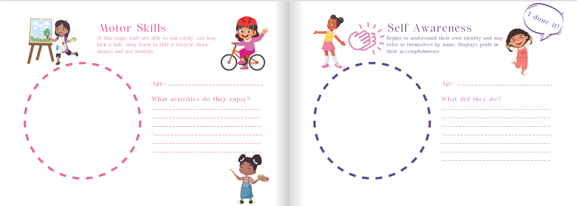 Educational book pages on motor skills and self-awareness with illustrations of children.