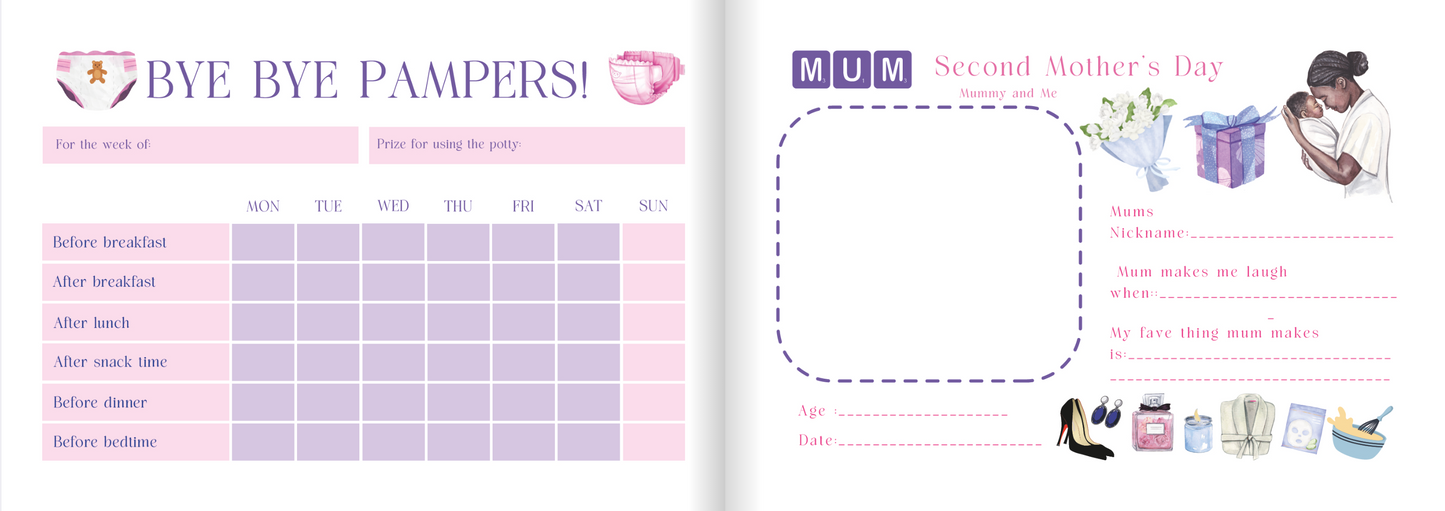 Two pages from a planner or journal featuring a baby schedule and Mother's Day notes.