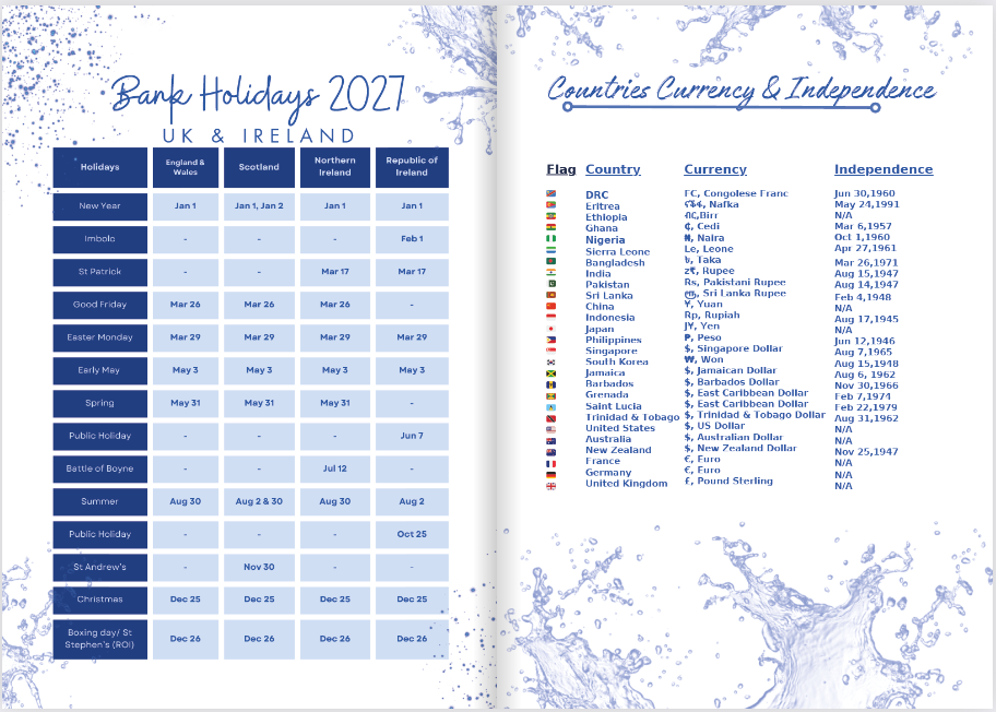 hard back gratitude journal in the colour blue water with bank holidays and currencies for various nations