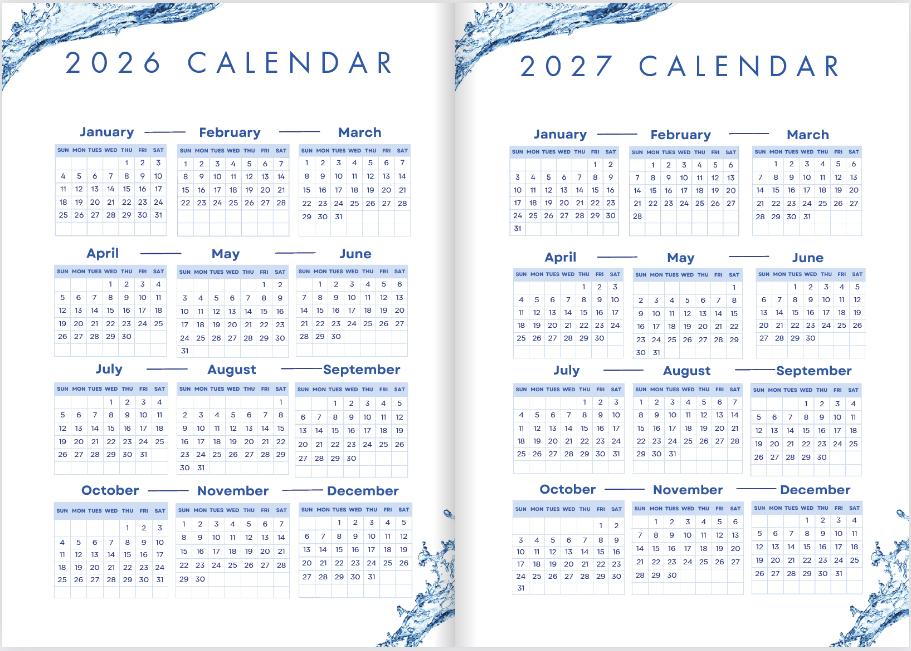 Hardback blue water gratitude journal beautifully designed with calendar
