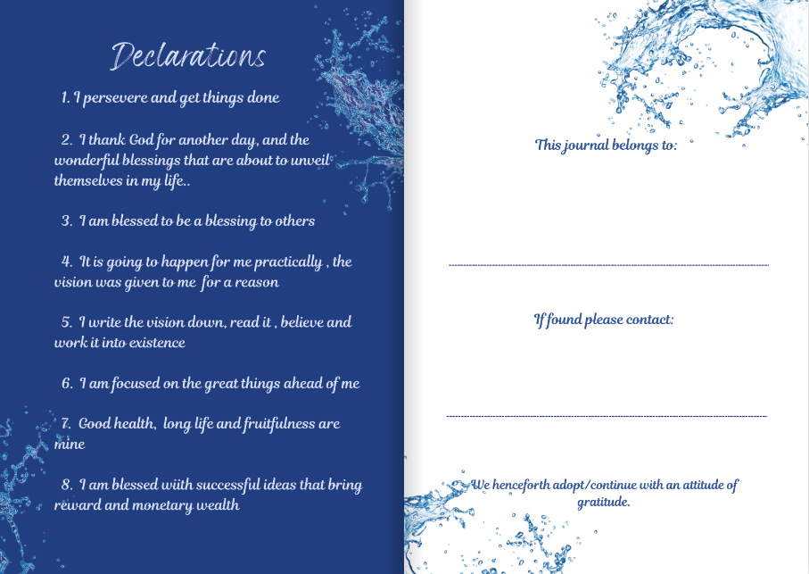 hardback gratitude journal in blue with beautiful designs and declarations you repeat daily for motivation