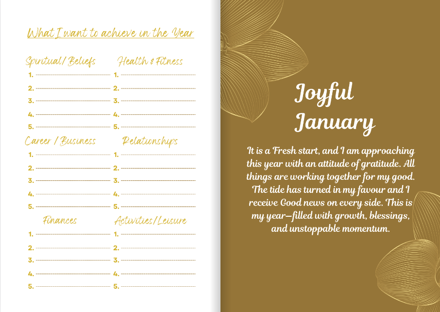 hardback undated gratitude journal in the colour Festive Gold monthly goals