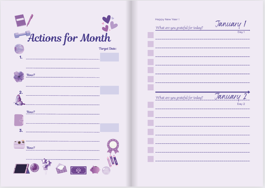 hardback undated gratitude journal in the colour purple haze