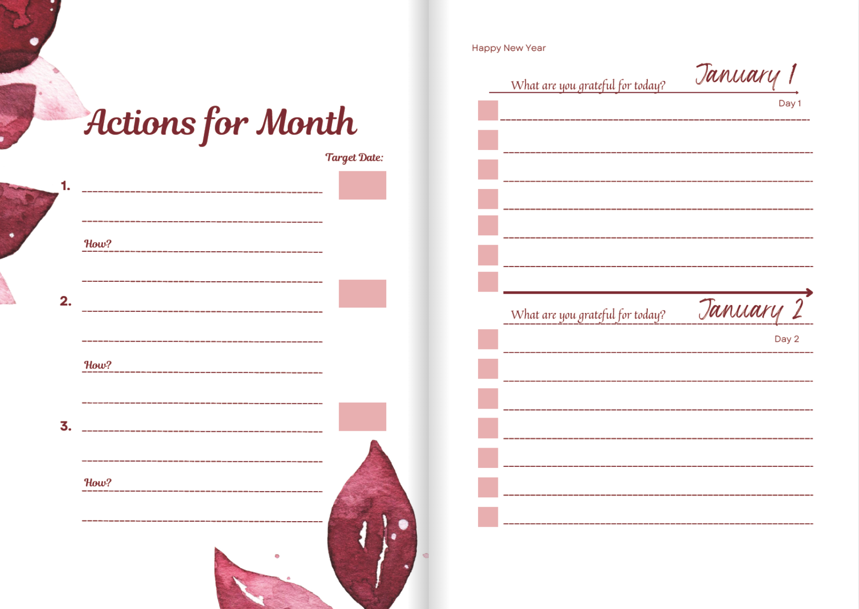 Hardback gratitude journal with prompts of actions for the month