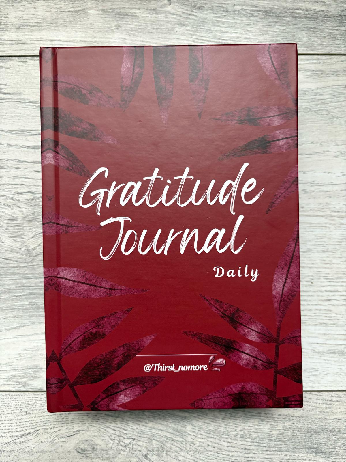 A red hardcover gratitude journal with the title 'Gratitude Journal Daily' printed on the cover.
