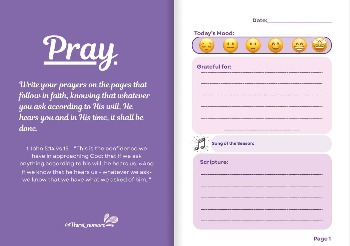 Prayer journal with prompts for prayer, gratitude, and scripture on a purple and pink background.