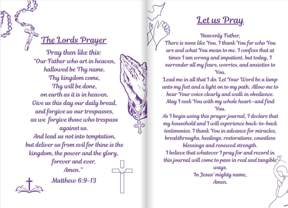 Prayer journal with 'The Lord's Prayer' and 'Let us Pray' sections on a white background.