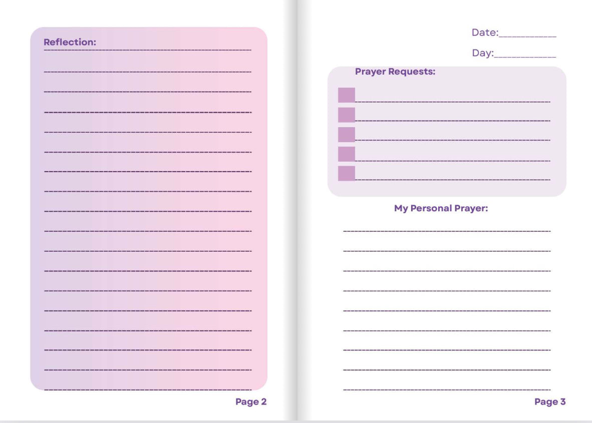 Journal entry pages with 'Reflection' and 'Prayer Requests' sections on a gradient pink and purple background.