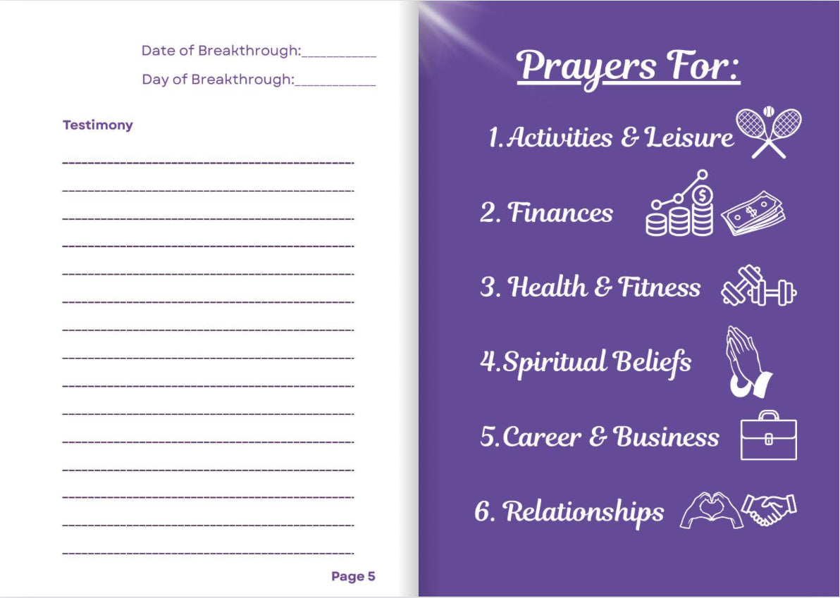 Purple and white page with prayer list and forms
